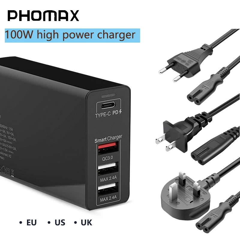 PHOMAX 100W USB C Charger 100W/87W/65W/45W/30W/18W 4 Pors Type C Mobile Power Adapter EU/US/UK Plug For Tablet Ipad Smart Phone
PHOMAX 100W USB C Charger 100W/87W/65W/45W/30W/18W 4 Pors Type C Mobile Power Adapter EU/US/UK Plug For Tablet Ipad Smart Phone