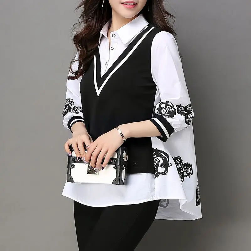 Women's Lapel Korean Version Loose Fitting Quarter Sleeve Fake Two-piece Fashion Shirt Spring/summer New Print Top
Women's Lapel Korean Version Loose Fitting Quarter Sleeve Fake Two-piece Fashion Shirt Spring/summer New Print Top