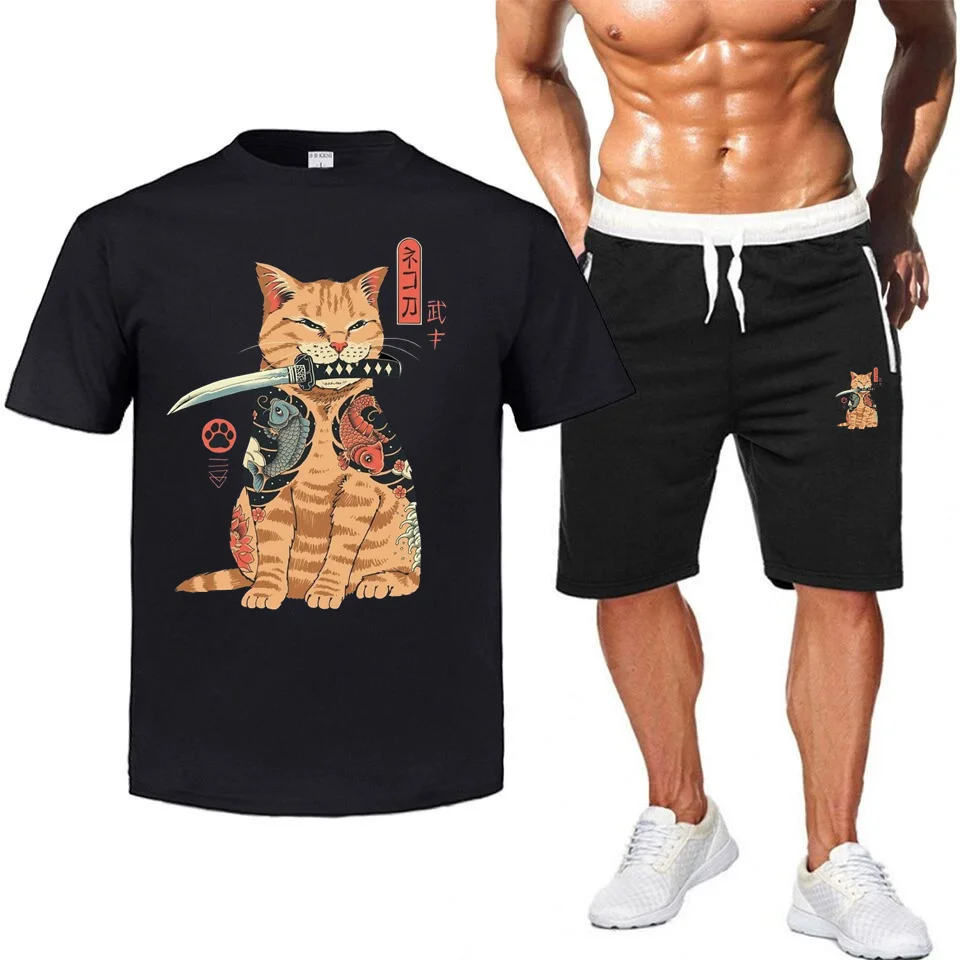 Catana Short Sleeve Men's Women's Japanese Anime Cat and Fish Suit Printed T-Shirt Shirt Loose Summer New Fashion Top + Shorts
Catana Short Sleeve Men's Women's Japanese Anime Cat and Fish Suit Printed T-Shirt Shirt Loose Summer New Fashion Top + Shorts