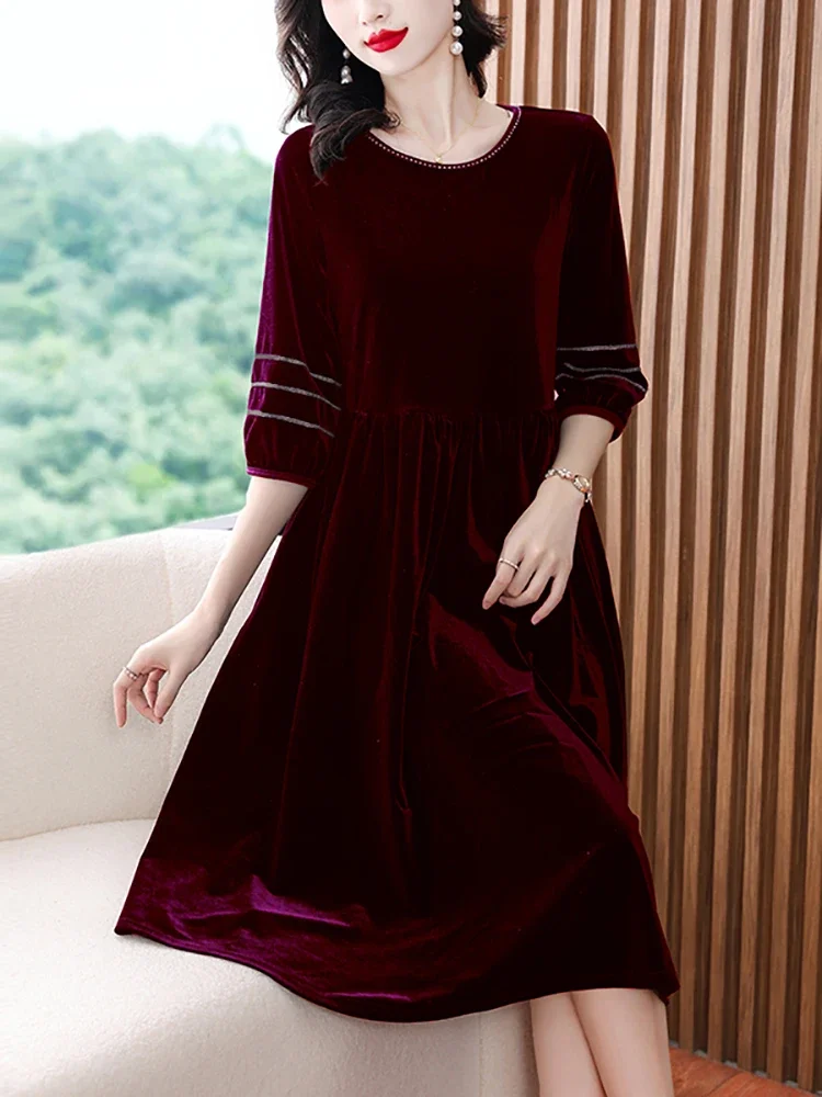 

Женское длинное бархатное платье с О-образным вырезом, элегантное роскошное вечернее платье с оборками, корейское винтажное платье в стиле Хепберн, красный цвет, Осень-зима 2023