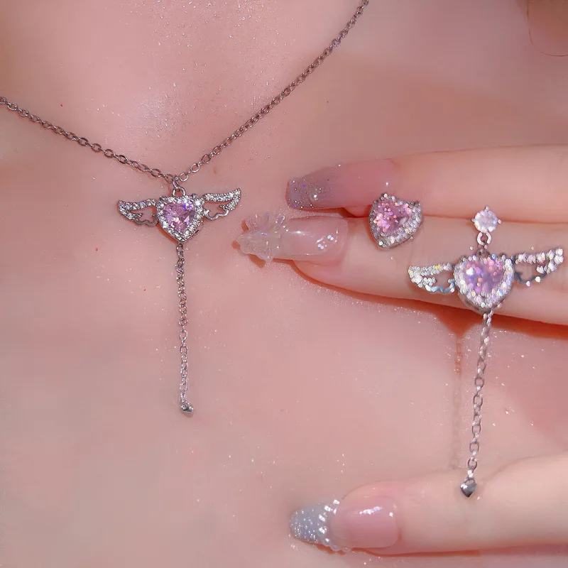 

Heart Necklaces Earrings Jewelry Sets For Women Pink Luxury Crystal Pendant Wings Clavicle Chain Necklace Gift For Girlfriend