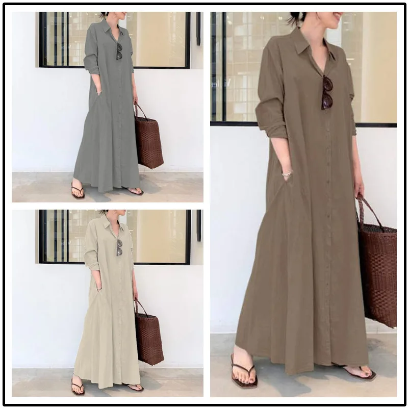 Europe and the United States new casual loose women's dress solid color lapel long sleeve pocket simple long dress
Europe and the United States new casual loose women's dress solid color lapel long sleeve pocket simple long dress