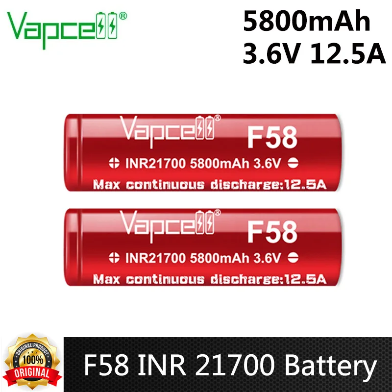 Original Vapcell High-capacity Battery F58 INR 21700 Battery 5800mah 12.5A 3.6 V Rechargeable Lithium Ion Battery For Flashlight
Original Vapcell High-capacity Battery F58 INR 21700 Battery 5800mah 12.5A 3.6 V Rechargeable Lithium Ion Battery For Flashlight