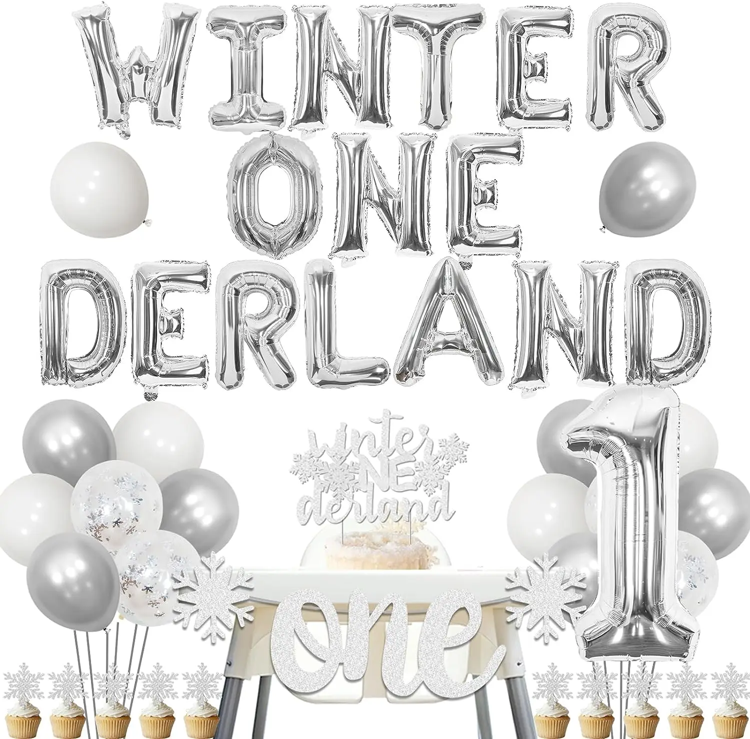 

Winter Onederland 1st Birthday Party Decorations Snowflake Balloon Cake Topper Wonderland One High Chair Banner for 1 Year Old