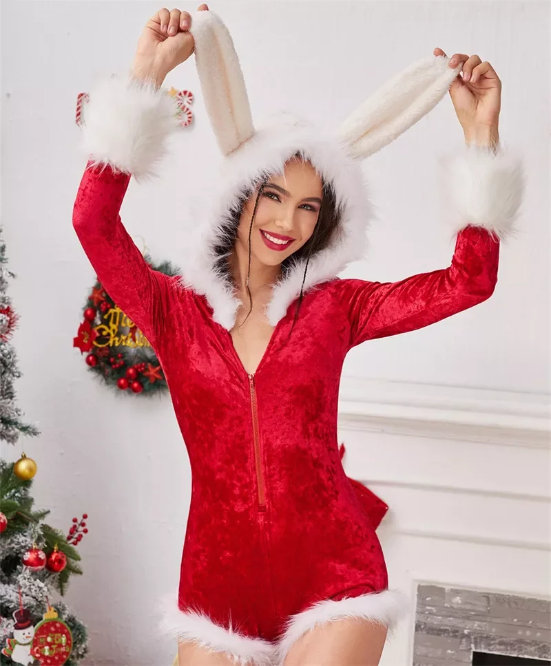 Women Christmas Sexy Rompers Cartoon Rabbits Ears Bodysuits Top Front Zip Up Long Sleeve Fur Patchwork Hooded Bodysuits
Women Christmas Sexy Rompers Cartoon Rabbits Ears Bodysuits Top Front Zip Up Long Sleeve Fur Patchwork Hooded Bodysuits