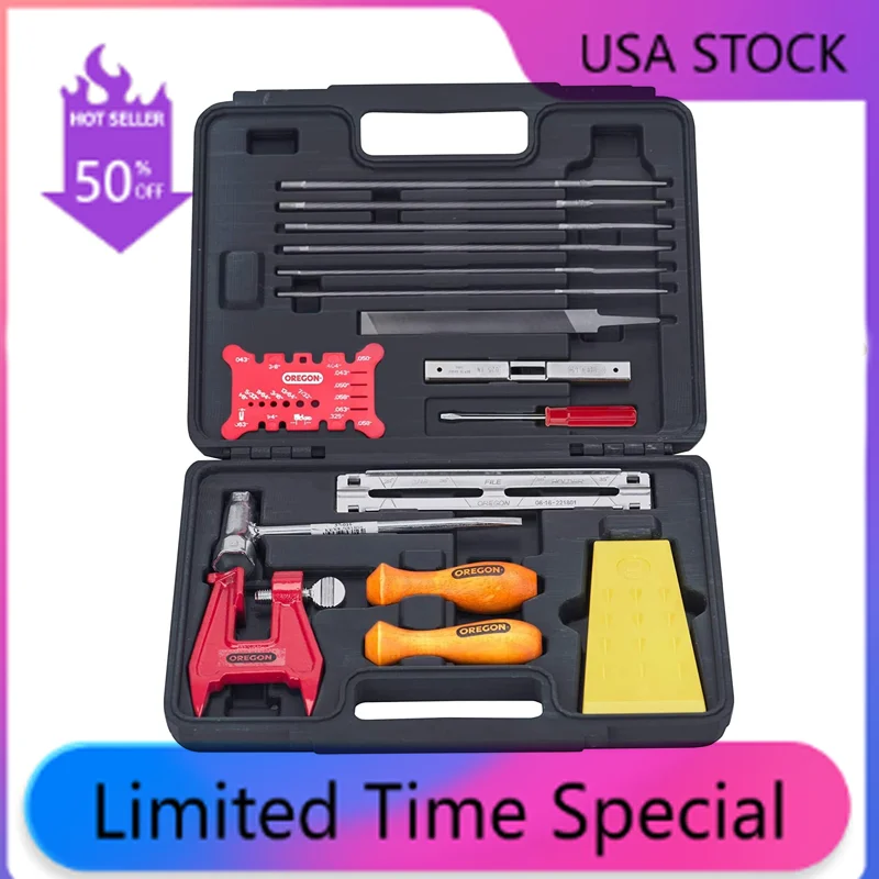 Sharpeners Oregon Chainsaw Chain Sharpening Kit with Hard Case - Contains Files, Handles, Felling Wedge, and More Accessories 
Sharpeners Oregon Chainsaw Chain Sharpening Kit with Hard Case - Contains Files, Handles, Felling Wedge, and More Accessories
