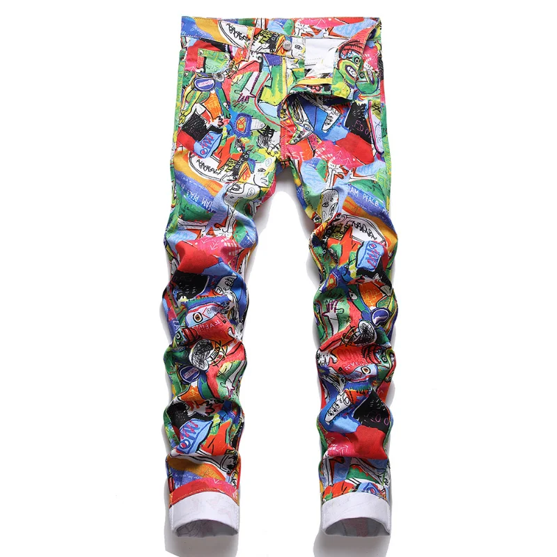 

Men's Graffiti Print Jeans Y2K Colored Slim Tapered Stretch Denim Pants Fashion Streetwear Contrast Color Trousers