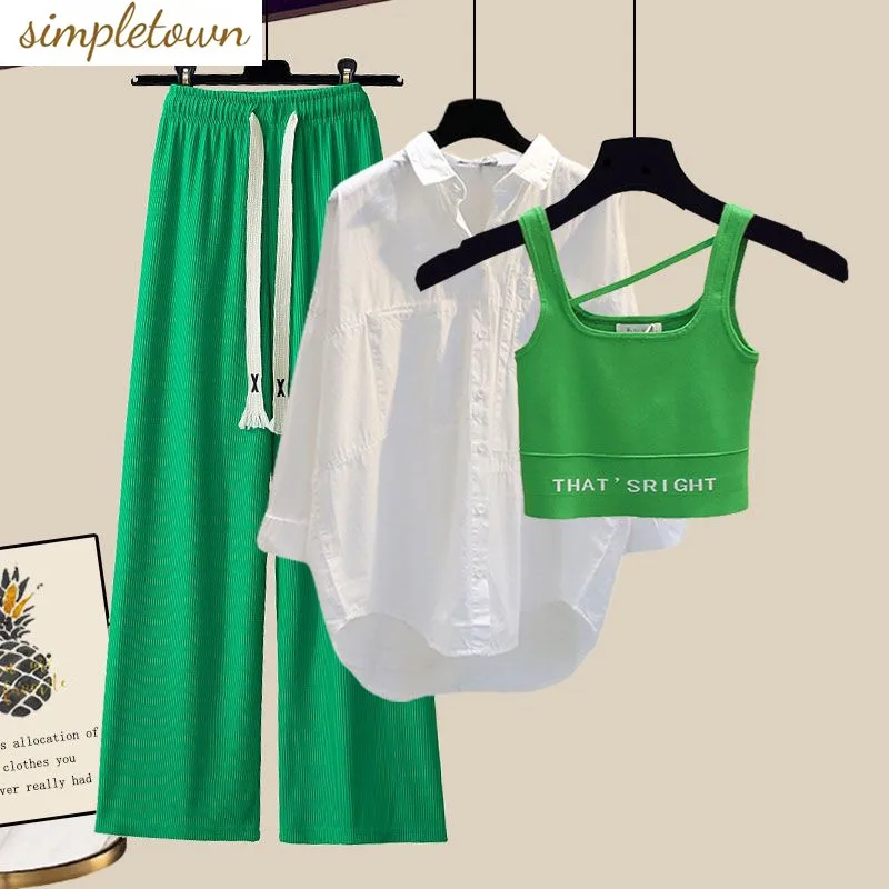 Oversized Women's Summer Set 2023 New Sunscreen Shirt Slim Fashion Slim Strap Drop Wide Leg Pants Three Piece Set
Oversized Women's Summer Set 2023 New Sunscreen Shirt Slim Fashion Slim Strap Drop Wide Leg Pants Three Piece Set