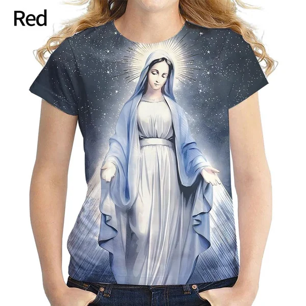 

Женская модная футболка с 3D принтом Девы Марии, летняя рубашка с изображением христианской Матери Бога, индивидуальная блузка с коротким рукавом