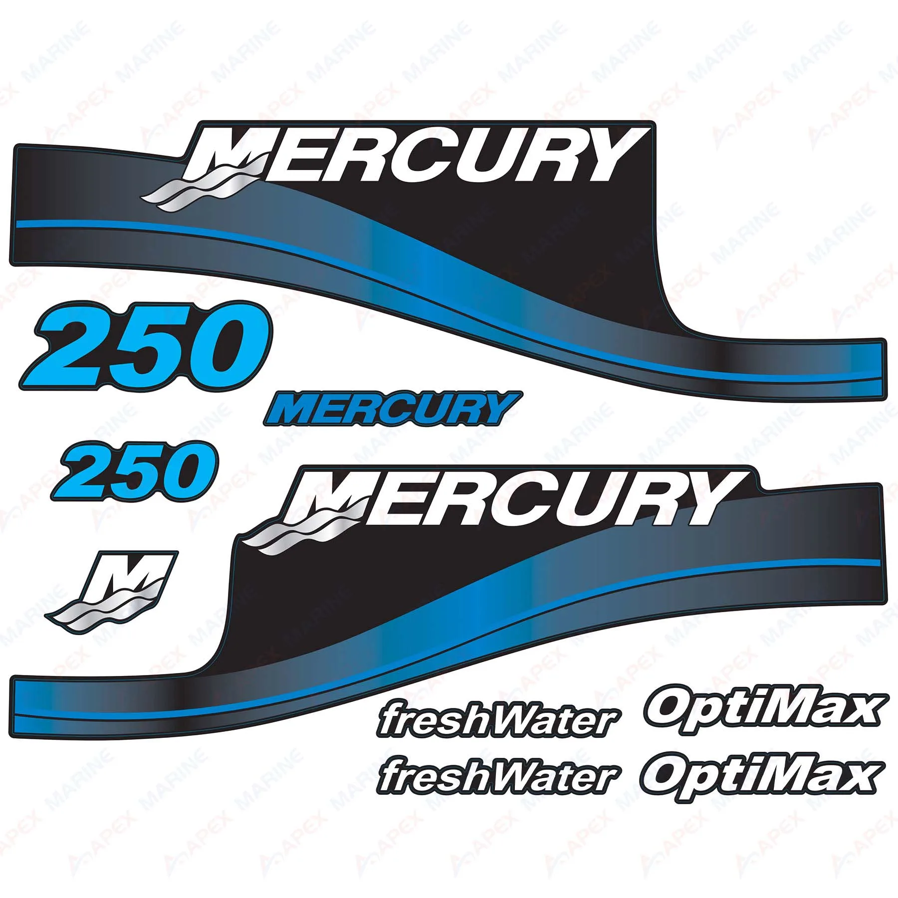 Наклейки для подвесного двигателя Mercury 250 HP OptiMax FreshWater синий комплект наклеек