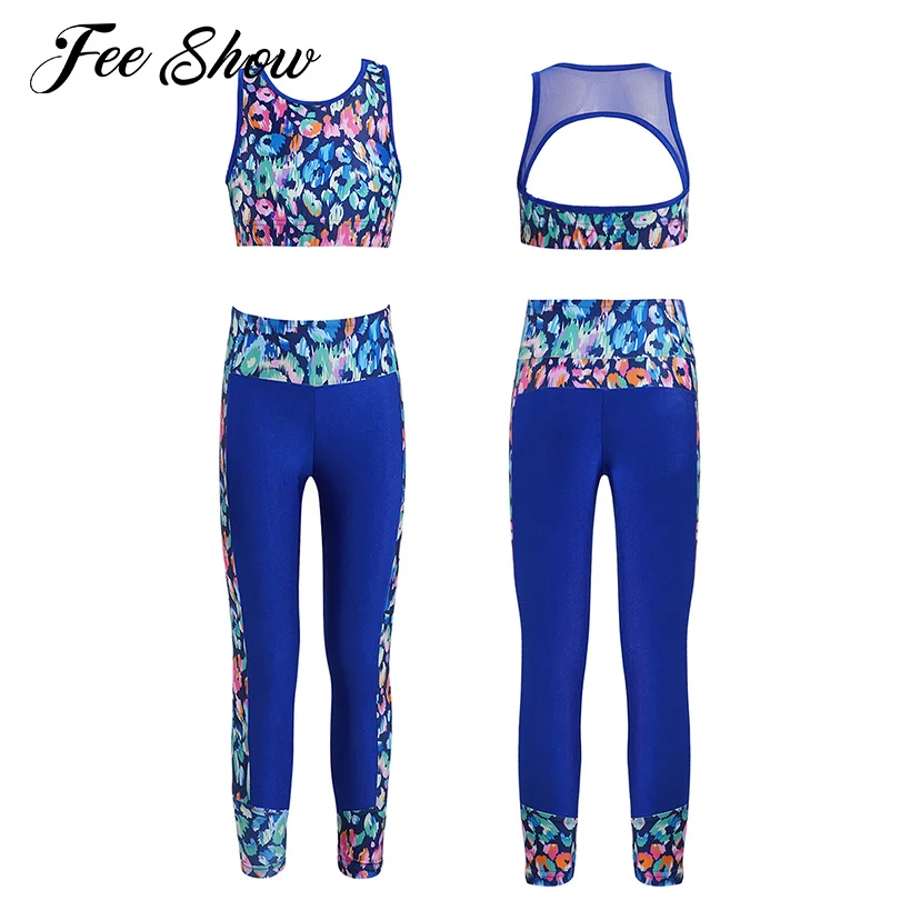 

Kids Girls Yoga Sets Sport Outfit Gymnastics Dancewear Sleeveless Mesh Racer Back Tanks Crop Top with Leggings Sports Tracksuits