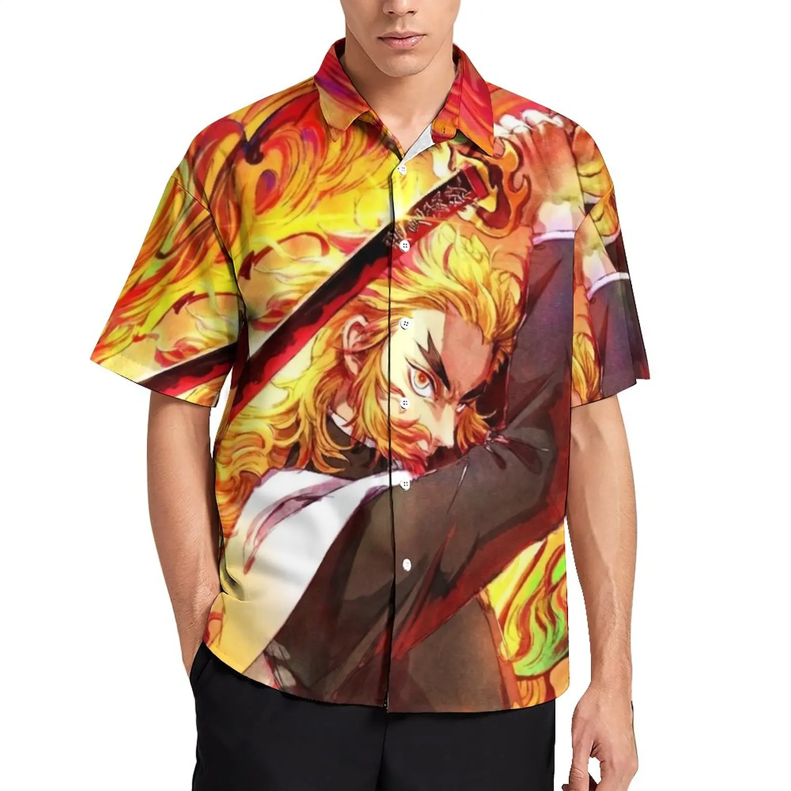 

Пляжная рубашка в стиле аниме Demon Slayer Kimetsu No Yaiba, Гавайские повседневные рубашки в уличном стиле, блузы с короткими рукавами, топы с рисунком, размера плюс