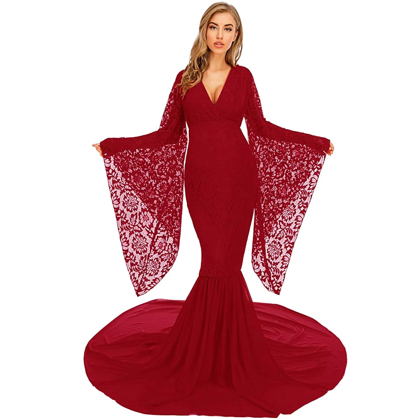 Deep V Neck Lace Maternity Gown for Photography Photo Shoot Baby Shower Flared Sleeve with Long Chiffon Train
Deep V Neck Lace Maternity Gown for Photography Photo Shoot Baby Shower Flared Sleeve with Long Chiffon Train