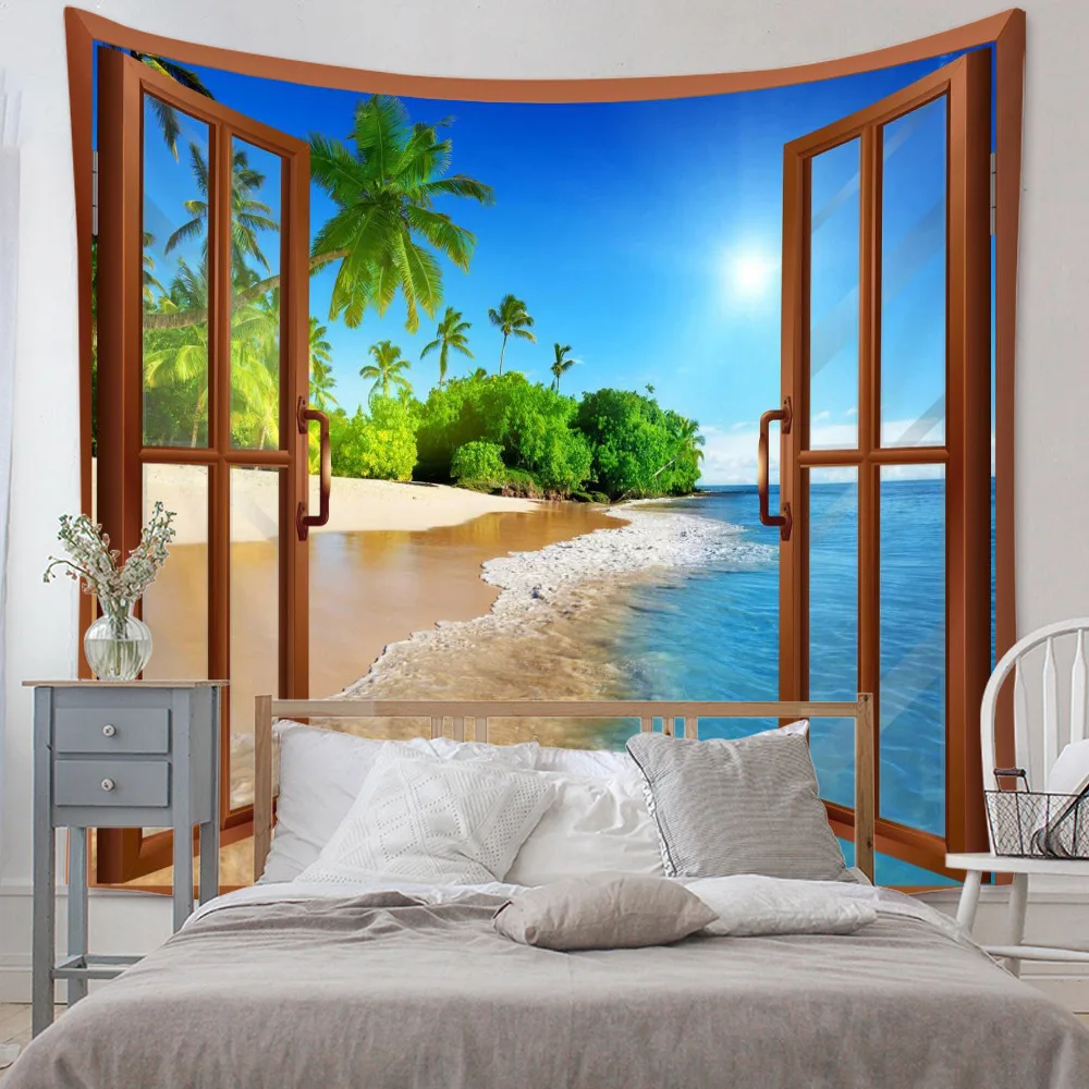 

Ocean Beach Tapestry Wall Hanging Blue Sea Island Summer Coconut Tree Palm Seaside Window Nature Bedroom Aesthetic Room Decor