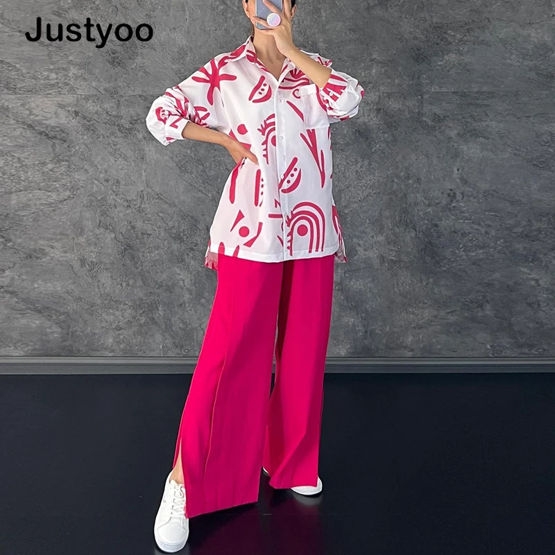 Autumn New Long Sleeve Streetwear Art Printing Shirt Wide Leg Slit Pants 2 Piece Set Women's Loose Casual Fashion Suit Female
Autumn New Long Sleeve Streetwear Art Printing Shirt Wide Leg Slit Pants 2 Piece Set Women's Loose Casual Fashion Suit Female