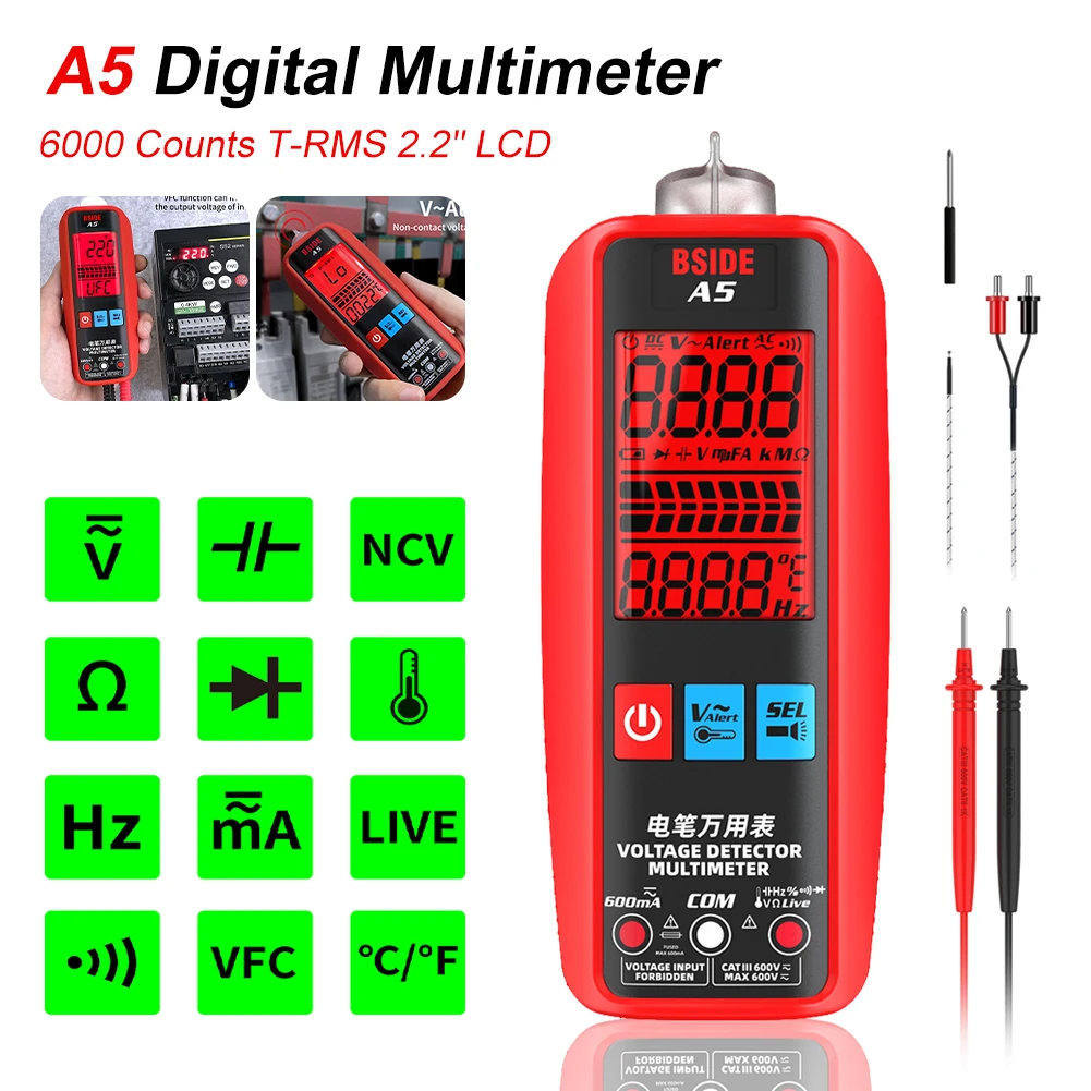 BSIDE Digital Smart Multimeter 3-Results 2.2" Display Current Tester VFC V-Alert Live Wire Capacitor Ohm Diode Hz Voltage Meter
BSIDE Digital Smart Multimeter 3-Results 2.2" Display Current Tester VFC V-Alert Live Wire Capacitor Ohm Diode Hz Voltage Meter