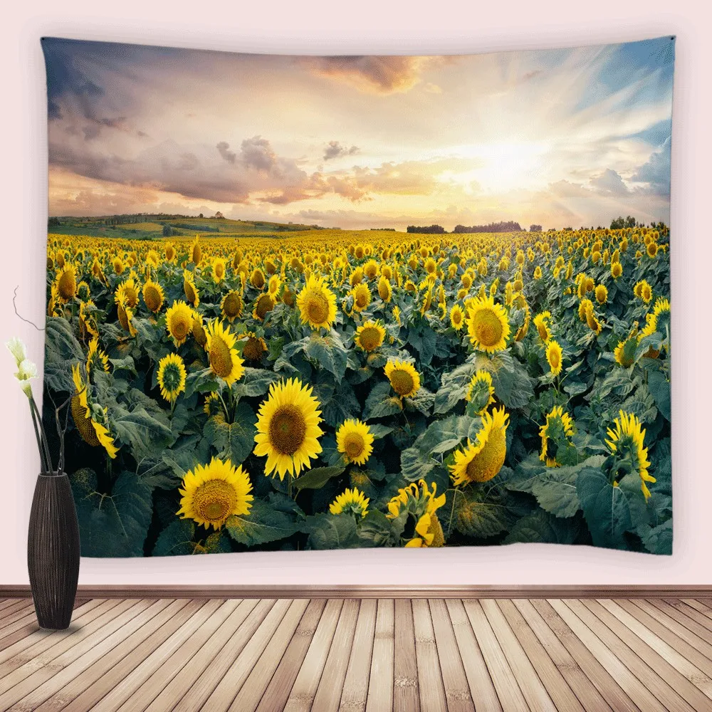 

Yellow Flower Sunflower Tapestry Wall Hanging Natural Scenery Sunset Field Floral Plant Tapestries Living Room Dorm Decor Fabric