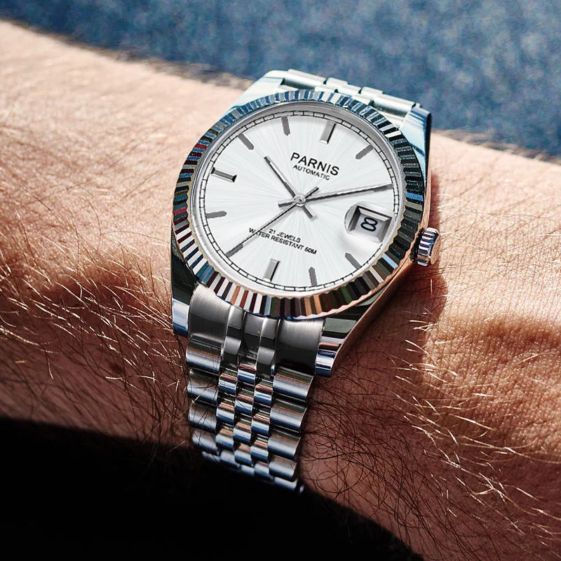Fashion Parnis 36mm Silver Stainless Steel Case Men Mechanical Watch Automatic Women Calendar Sapphire Crystal Luxury Watches
Fashion Parnis 36mm Silver Stainless Steel Case Men Mechanical Watch Automatic Women Calendar Sapphire Crystal Luxury Watches
