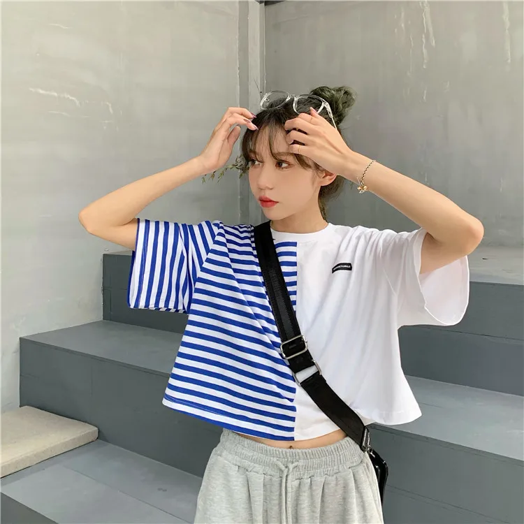 5610 women new summer short design white stitching striped short-sleeved T-shirt
5610 women new summer short design white stitching striped short-sleeved T-shirt