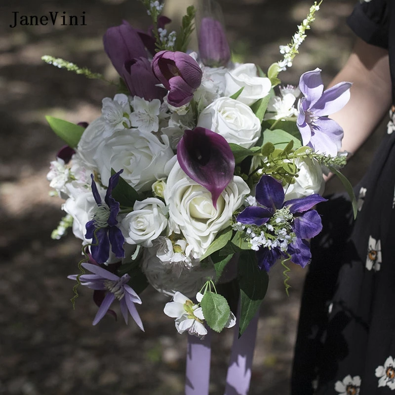 

Великолепные фиолетовые тюльпаны jaevini, свадебные букеты ручной работы, шелковые белые розы, цветы невесты, искусственные цветы