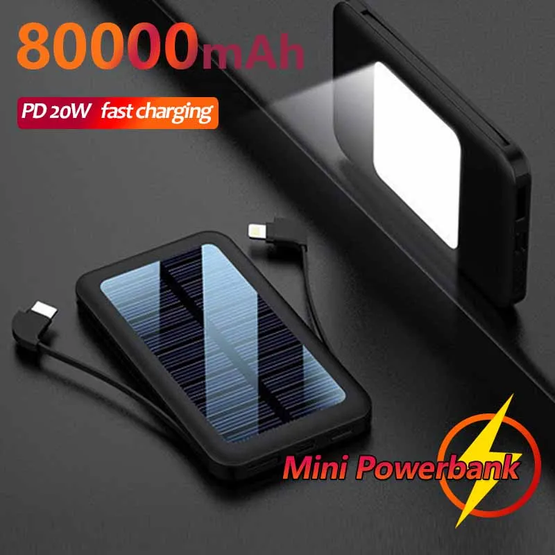 80000mAh Mini Solar Mobile Power Bank Portable Fast Charging External Battery with 2 Charging Cables LED Lighting
80000mAh Mini Solar Mobile Power Bank Portable Fast Charging External Battery with 2 Charging Cables LED Lighting