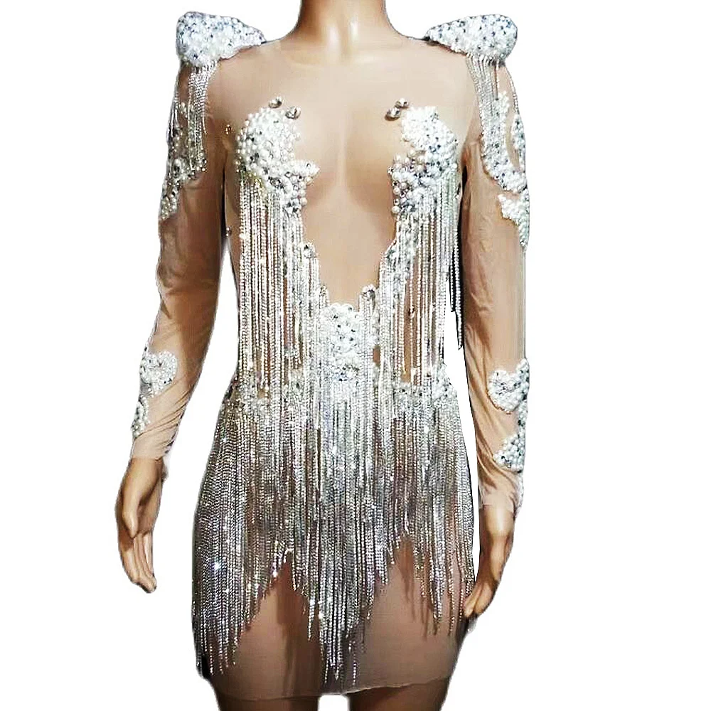 

Nude Perspective Gauze Sexy Women Dress Tassel Shining Rhinestones Pearls Singer Pole Stage Costume Party Nightclub Cloth