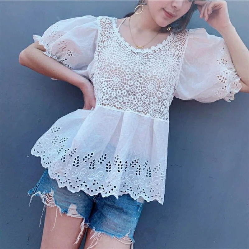 

Women Puff Short Sleeve Embroidery Lace Shirts Hollow Crochet Knit See Through Blouse Pleated Scalloped Hem Peplum Tops