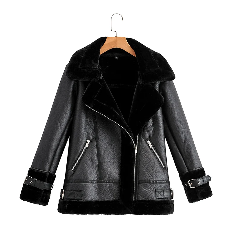 Ailegogo Autumn Winter Coat Women Pu Faux Soft Leather Black White Sheepskin Fur Jacket Female Aviator Outwear Casaco Feminino | Женская