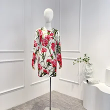 New Spring Summer 2023 Hot Sale Designer Women High Quality Silk Tulip Printing Long Sleeve O-neck Vintage Mini Dress