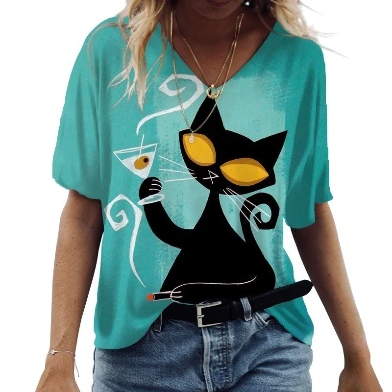 2023 Spring And Summer New Women's Casual Short-sleeved V-neck Anime Cat Blue Printed Women's T-shirt
2023 Spring And Summer New Women's Casual Short-sleeved V-neck Anime Cat Blue Printed Women's T-shirt