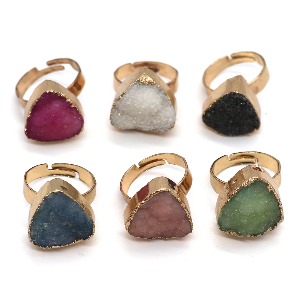 

1pc New Fashion Triangle Shaped Crystal Rings Natural Semi-precious 6 Colors 15-20mm Stone Size Adjustable Love Gift Party