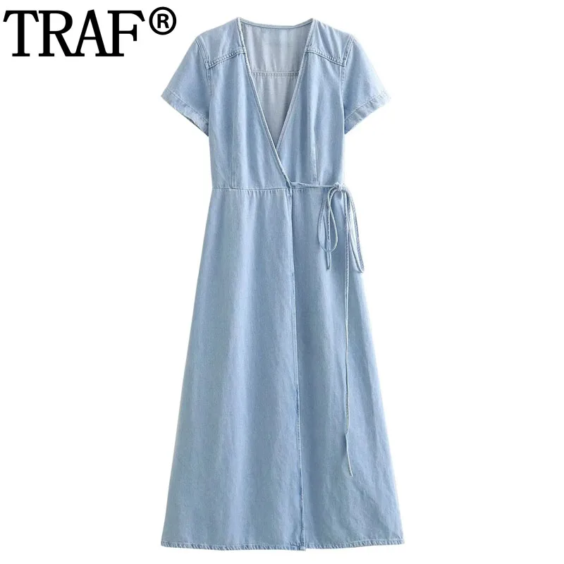 TRAF 2023 Blue Denim Dress Woman Tied Wrap Long Dress Women Summer Short Sleeve Midi Dresses Casual Elegant Women's Dresses
TRAF 2023 Blue Denim Dress Woman Tied Wrap Long Dress Women Summer Short Sleeve Midi Dresses Casual Elegant Women's Dresses
