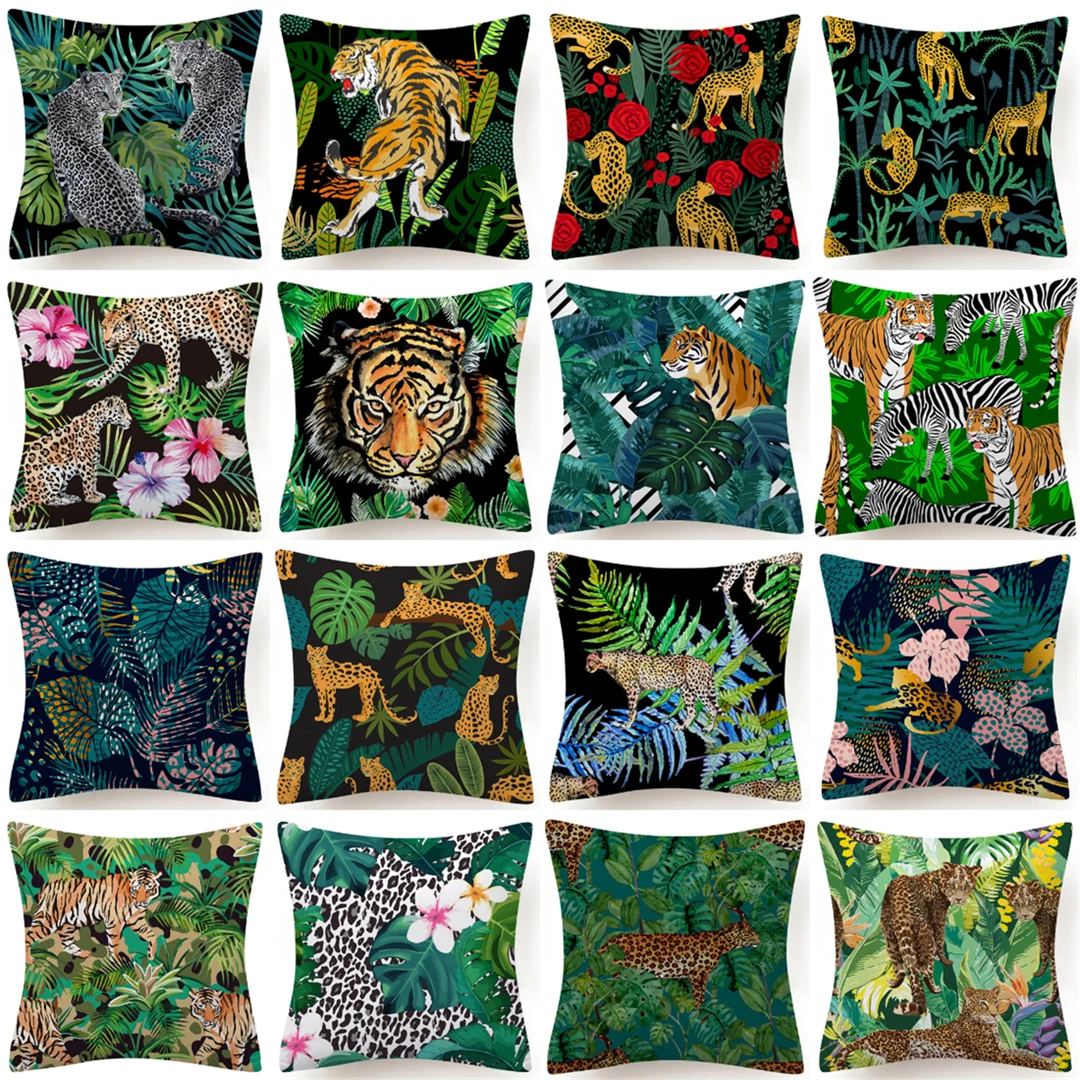 

Tropical Jungle Tiger Leopard Floral Cushions Case Hot Sale Flowers Green Leaves Sofa Couch Throw Pillows Case Double Side Print