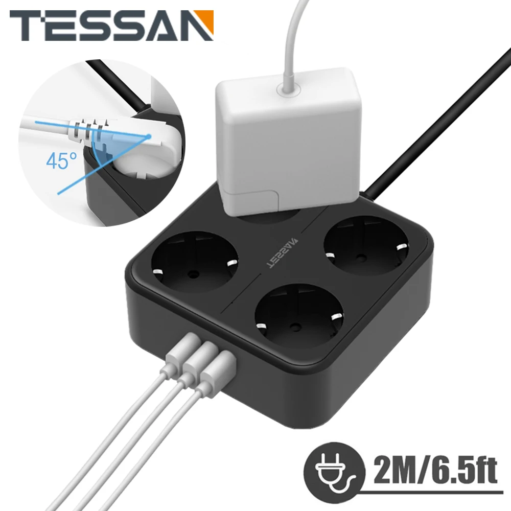 

Удлинитель TESSAN с европейской вилкой и выключателем, 4 розетки переменного тока и 3 USB-порта, несколько розеток с удлинителем 2 м для дома и офиса