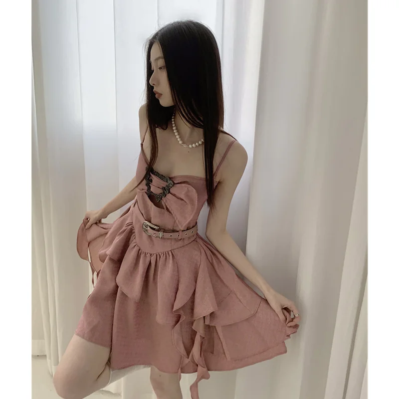 

2023 Spring Women's Clothing French Style Rregular Chic Unique Pink Sling Dress Temperament Dress New Chinese Style Tea Break