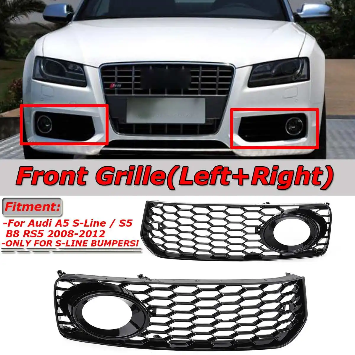 

Black/Chrome Silver 1Pair Car Fog Light Lamp Cover Honeycomb Mesh Hex Front Grille Grill For Audi A5 S-Line/S5 B8 RS5 2008-2012