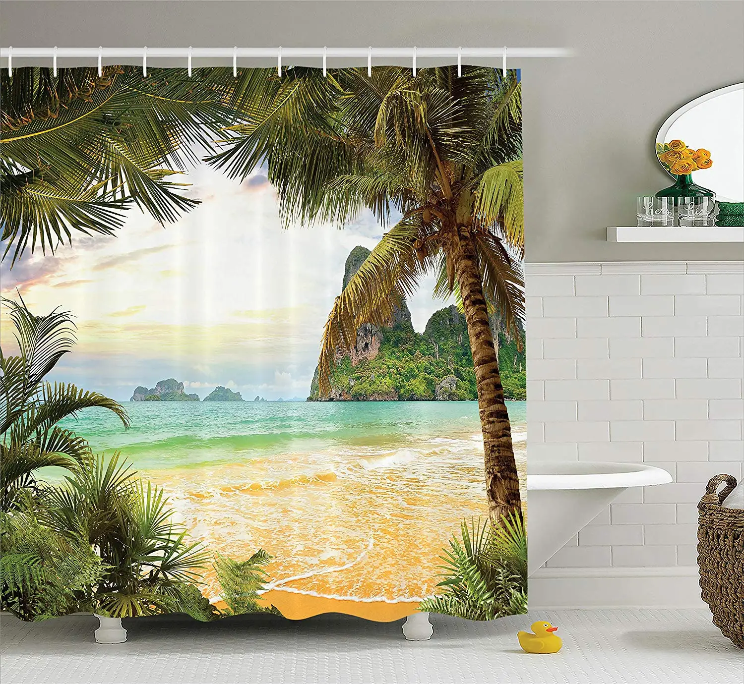 

Ocean Shower Curtain Palm Coconut Trees And Ocean Waves Across Mountains On Paradise Island Beach Image Bathroom Decor