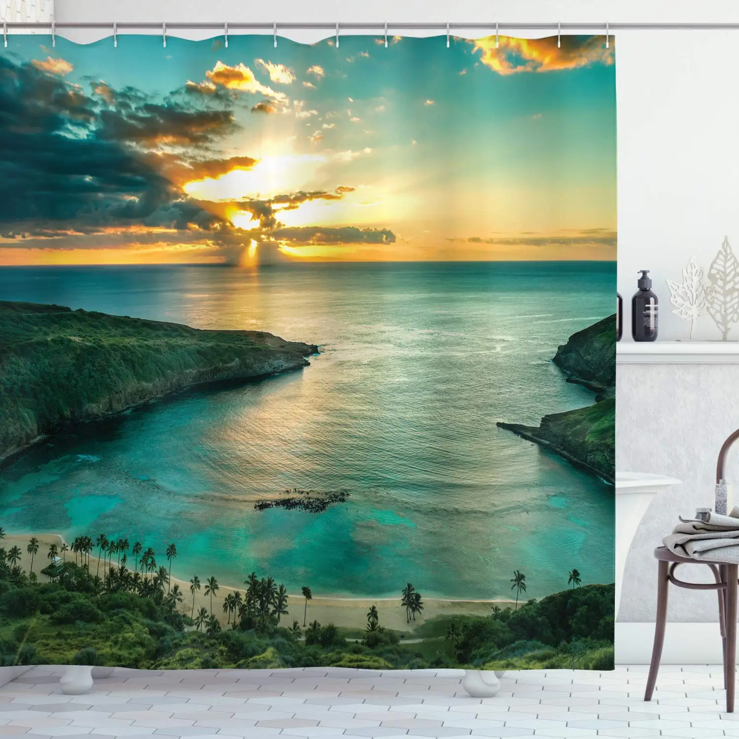 Hawaiian Shower Curtain,Sunrise Over Hanauma Bay Oahu Hawaii Sunbeams Through Clouds Shoreline Bathroom Decor Set with Hooks
Hawaiian Shower Curtain,Sunrise Over Hanauma Bay Oahu Hawaii Sunbeams Through Clouds Shoreline Bathroom Decor Set with Hooks