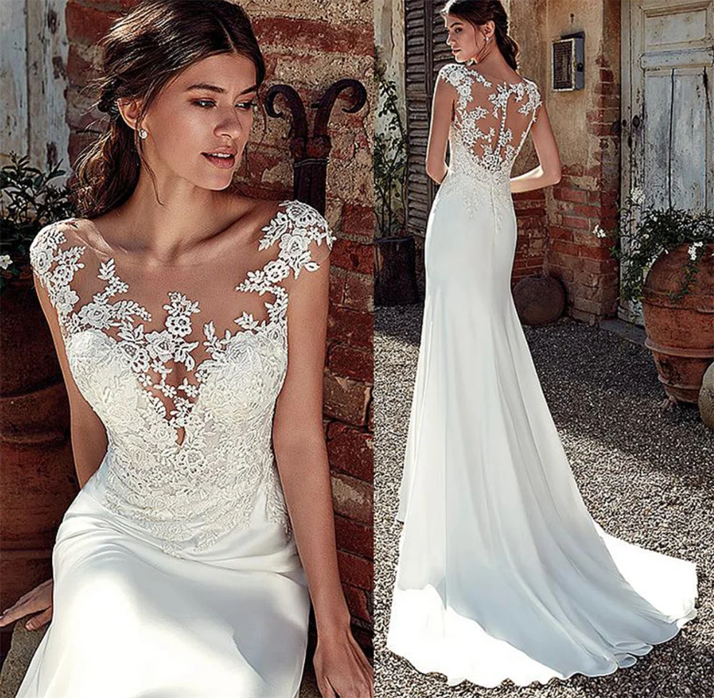 Boat Neck Applique Lace Mermaid Sheer Back Cap Sleeve Sweep Train Wedding Dress Bride Gown Vestidos De Novia robe mariée
Boat Neck Applique Lace Mermaid Sheer Back Cap Sleeve Sweep Train Wedding Dress Bride Gown Vestidos De Novia robe mariée