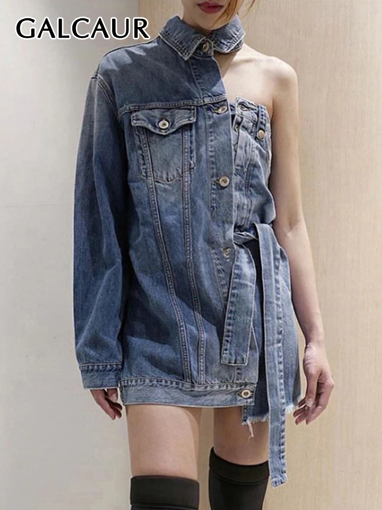 

Женское джинсовое платье GALCAUR, однотонное мини-платье с отложным воротником и длинным рукавом, с поясом в стиле пэчворк, модная одежда, 2022