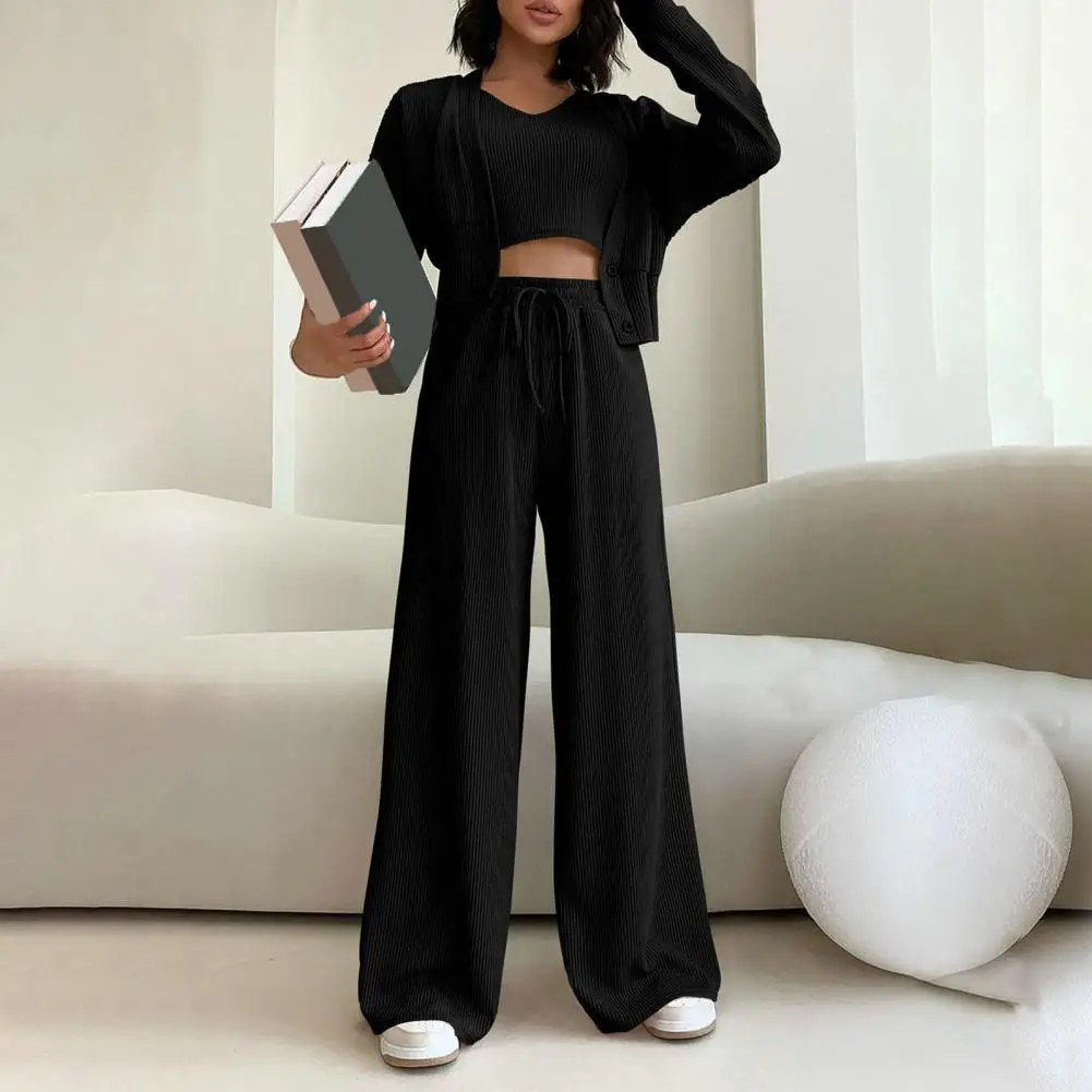 3Pcs Vest Coat Pants Set Women Autumn Winter Ribbed Casual Outfit V-neck Vest Long Sleeve Cropped Coat Wide Leg Long Pants Set
3Pcs Vest Coat Pants Set Women Autumn Winter Ribbed Casual Outfit V-neck Vest Long Sleeve Cropped Coat Wide Leg Long Pants Set