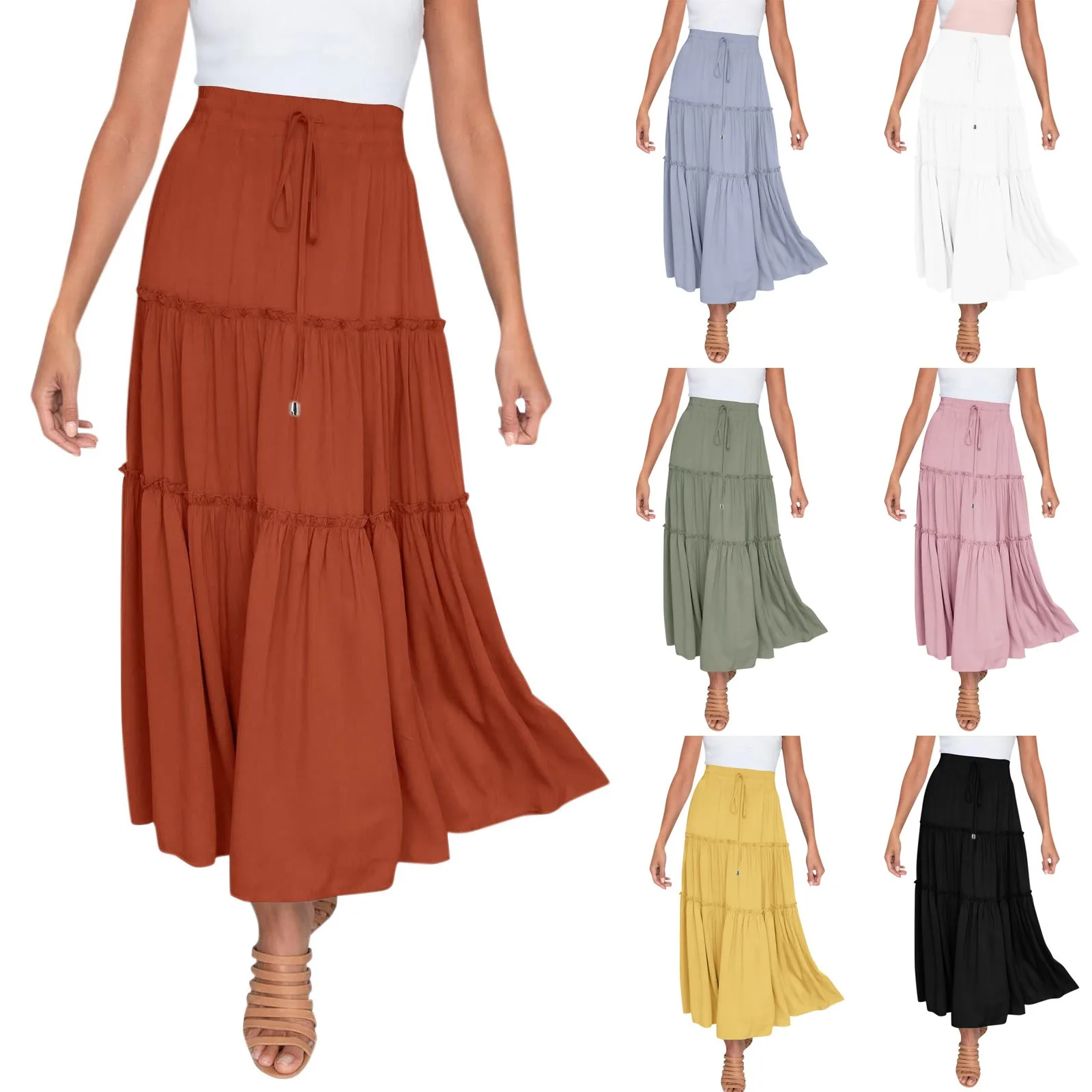 

Fla Skirts for Women Women’s Elastic High Waist Boho Maxi Skirt Ruffle A Line Swing Long Skirts Skirt with Slit Petite