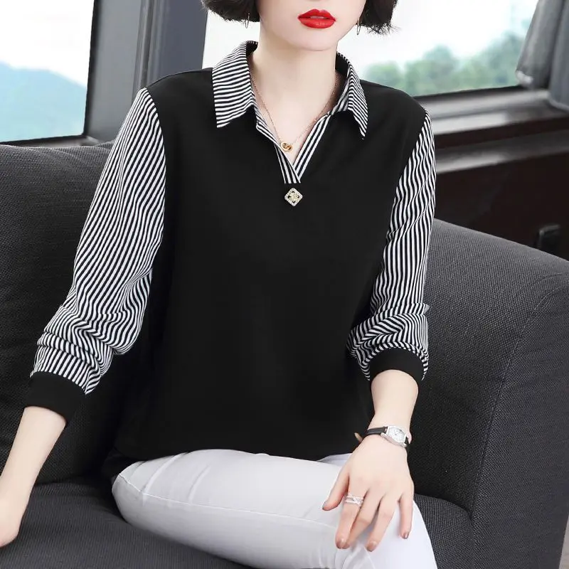 

Mom's Shirt Spring Autumn Women's Spliced Turn Down Collar Bottoming Shirt Long Sleeve Striped Top New Casual Loose Tops