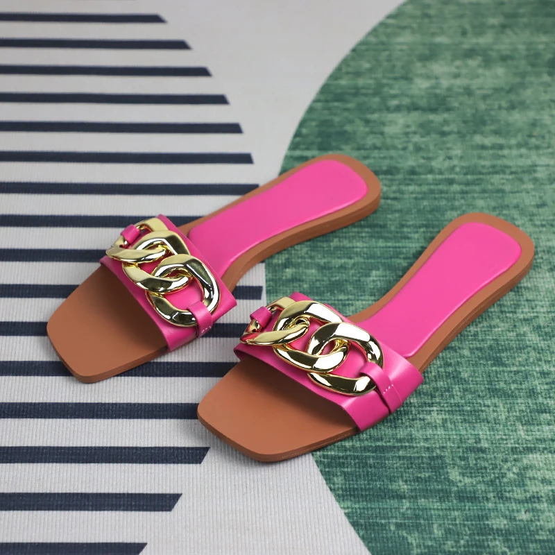 

Women's Slippers Fashion Open-toed Flat Shoes 2023 New Summer Metal Buckle Design Outer Wear Comfortable Soft Women Flip Flops