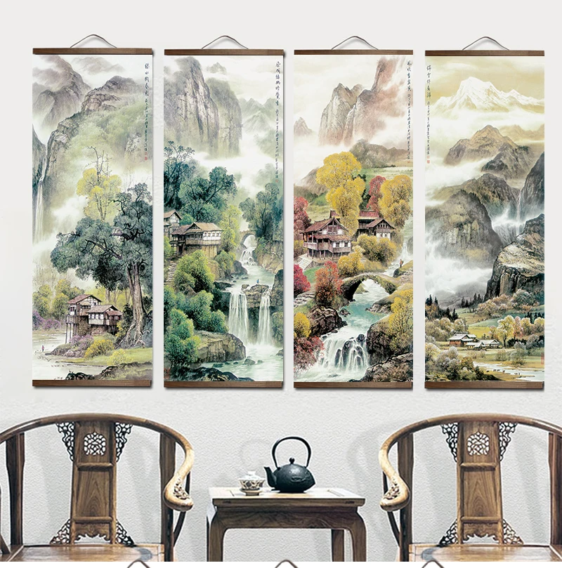 

Chinese Traditional Style Four Seasons Landscape Canvas for Livingroom Wall Art Poster Solid Wood Scroll Paintings Home Decor