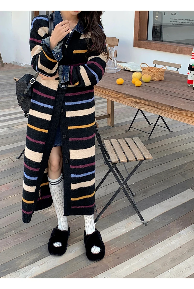 Women's Loose Contrast Stripe Long Sleeve Knitted Sweater Coat Autumn/Winter New Fashion Female Mid Length Knitted Cardigan 
Women's Loose Contrast Stripe Long Sleeve Knitted Sweater Coat Autumn/Winter New Fashion Female Mid Length Knitted Cardigan