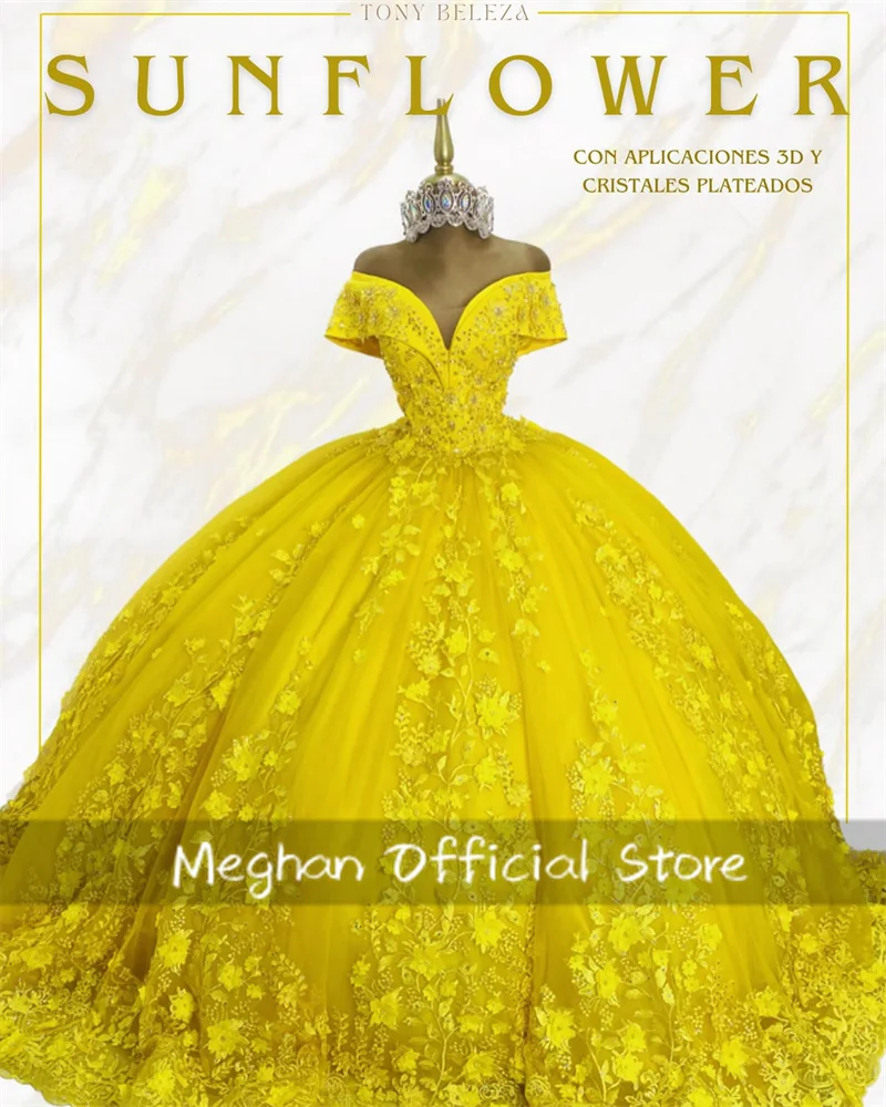 Мексиканское желтое платье Quinceanera с открытыми плечами 2024 бальное аппликациями из
