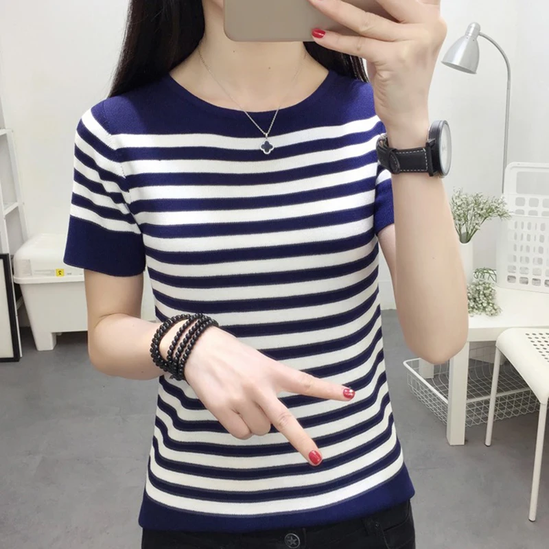 Striped Short Sleeve Tshirt Women Knit Tops Summer 2022 Contrast Color T Shirt Women Casual Elasticity Clothing Tee Shirt Femme
Striped Short Sleeve Tshirt Women Knit Tops Summer 2022 Contrast Color T Shirt Women Casual Elasticity Clothing Tee Shirt Femme
