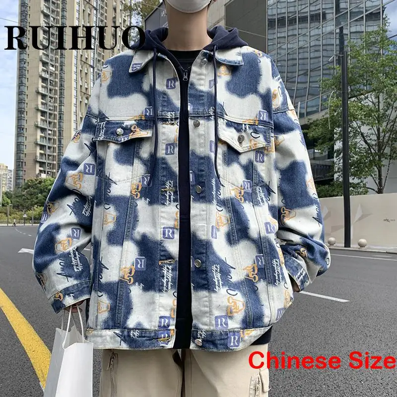 

Куртка RUIHUO Мужская джинсовая с принтом, уличная одежда, пальто из денима, китайский Размер 2XL, весна 2023