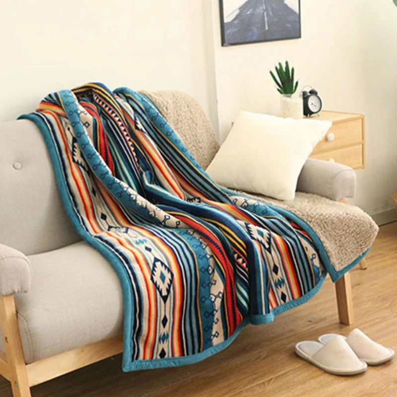 

Winter Double Layer Flannel Faux Fleece Throw Blanket Bohemian Colorful Stripes Soft Plush Reversible Cover Shawl Bed Couch Sofa